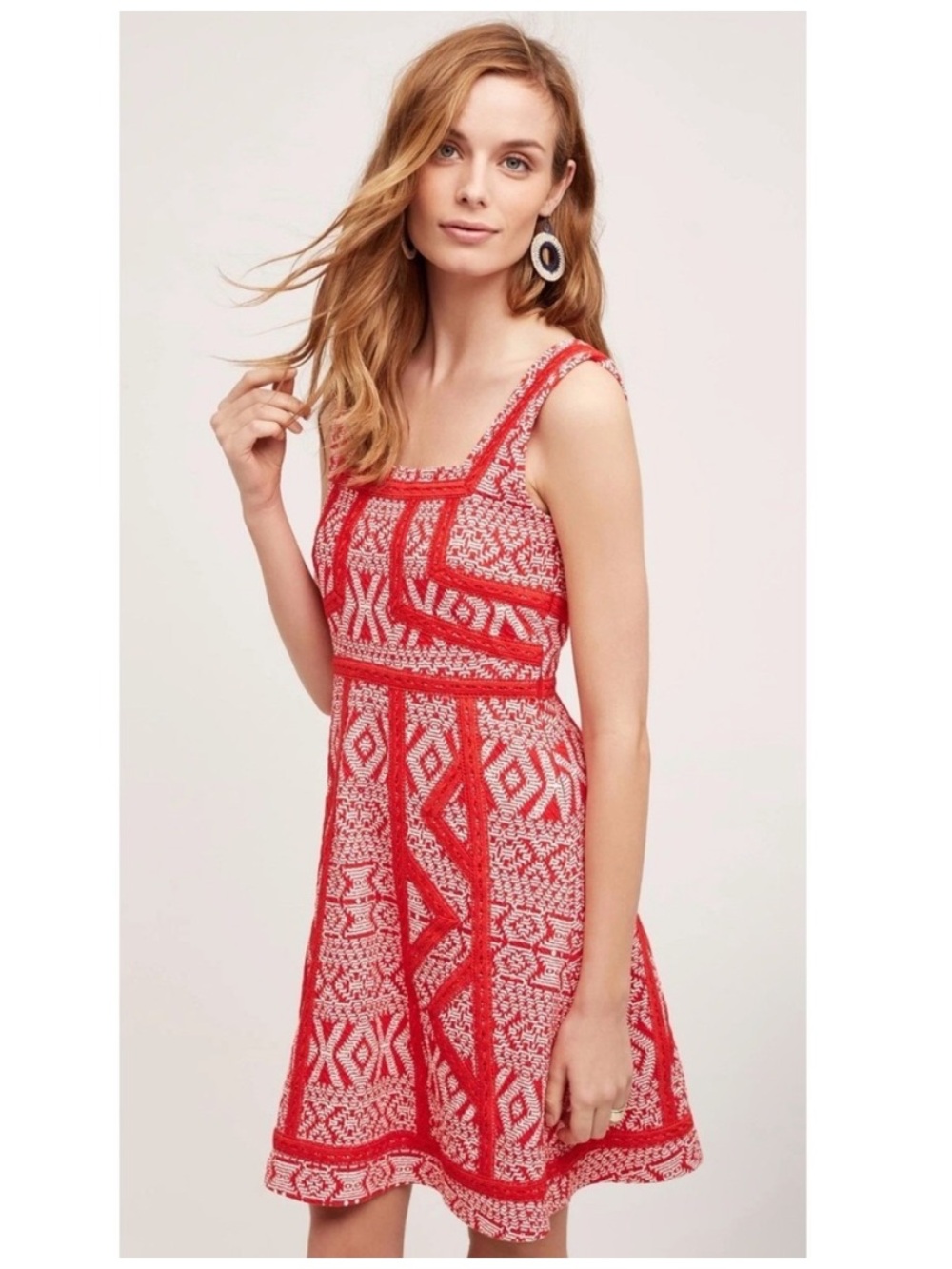 Anthropologie Maeve Emma Red and White Patterned Sleeveless Knit Mini Dress